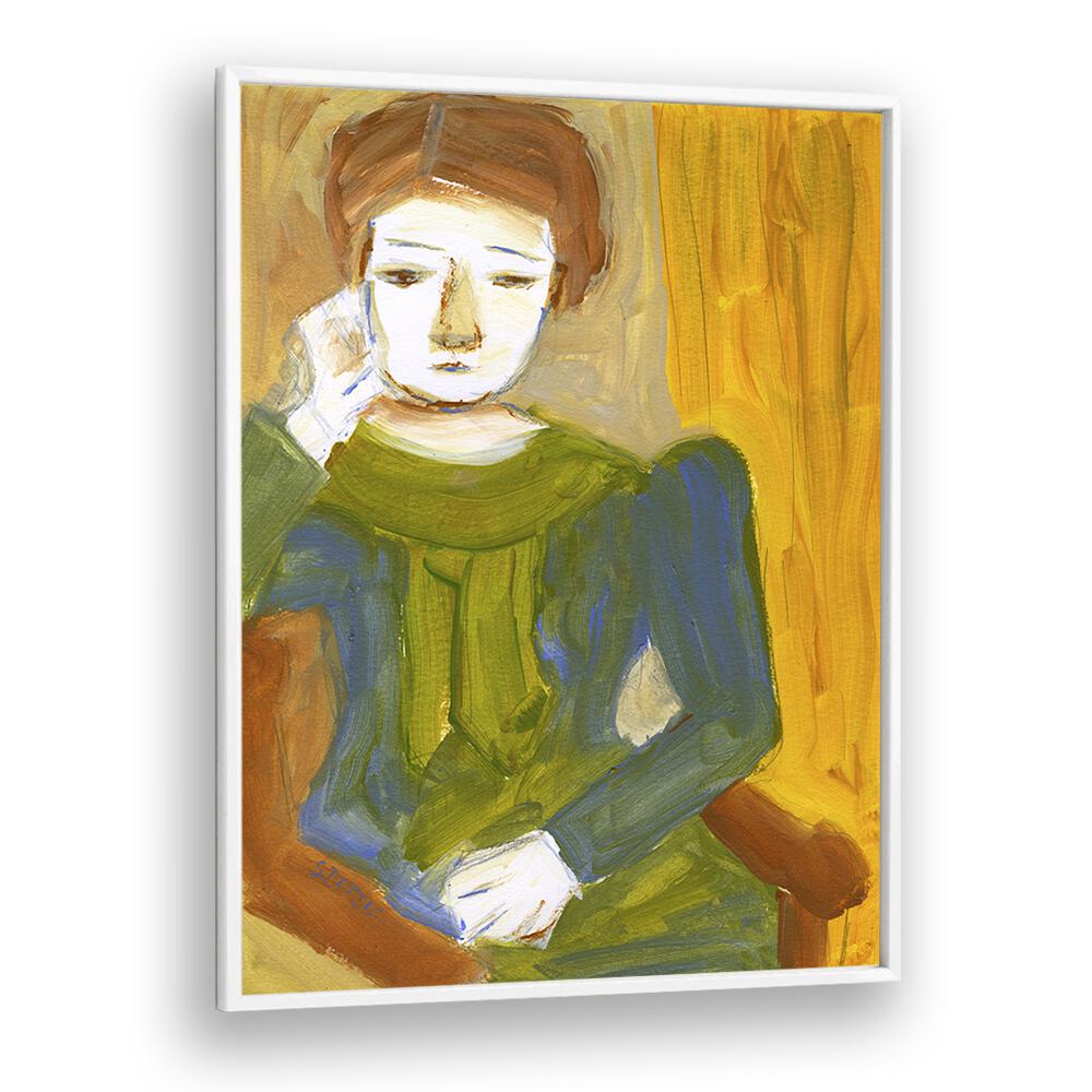 lady thinking women illustration paintings in White Plain Frame