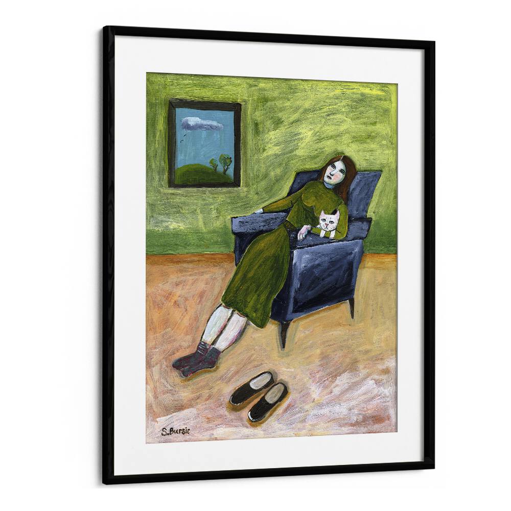 lady with cat women illustration paintings in Black Frame With Mount