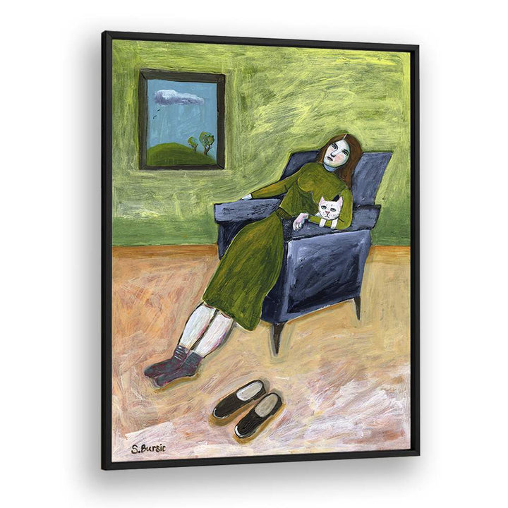 lady with cat women illustration paintings in Black Plain Frame