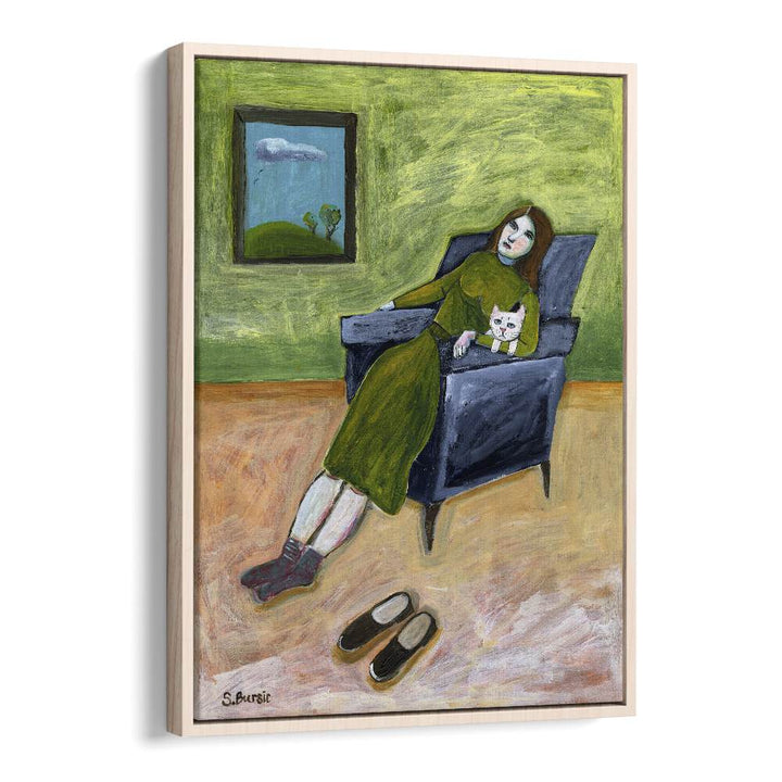 lady with cat women illustration paintings in Oak Wood Floater Frame