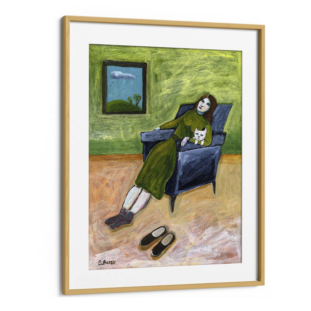 lady with cat women illustration paintings in Oak Wood Frame With Mount