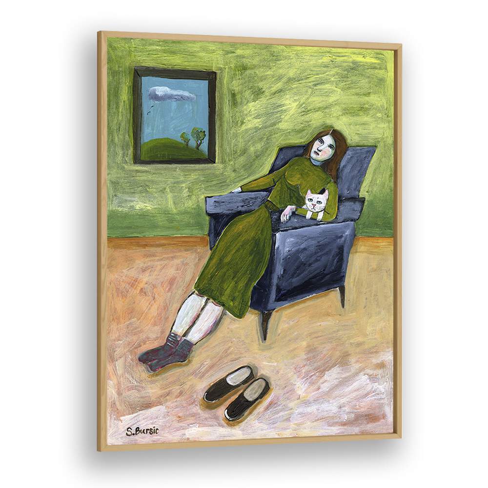 lady with cat women illustration paintings in Oak Wood Plain Frame