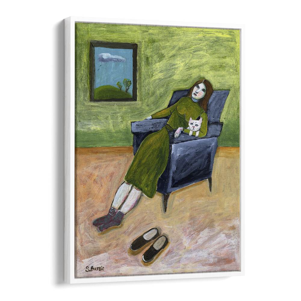 lady with cat women illustration paintings in White Floater Frame