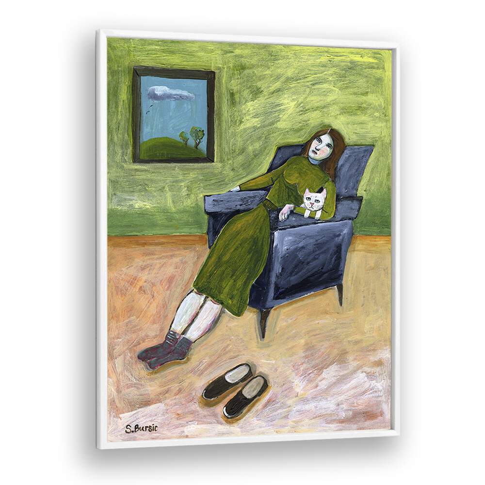 lady with cat women illustration paintings in White Plain Frame