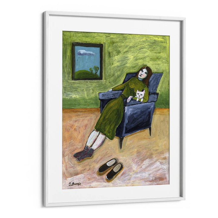 lady with catwomen illustration paintings in White Frame With Mount