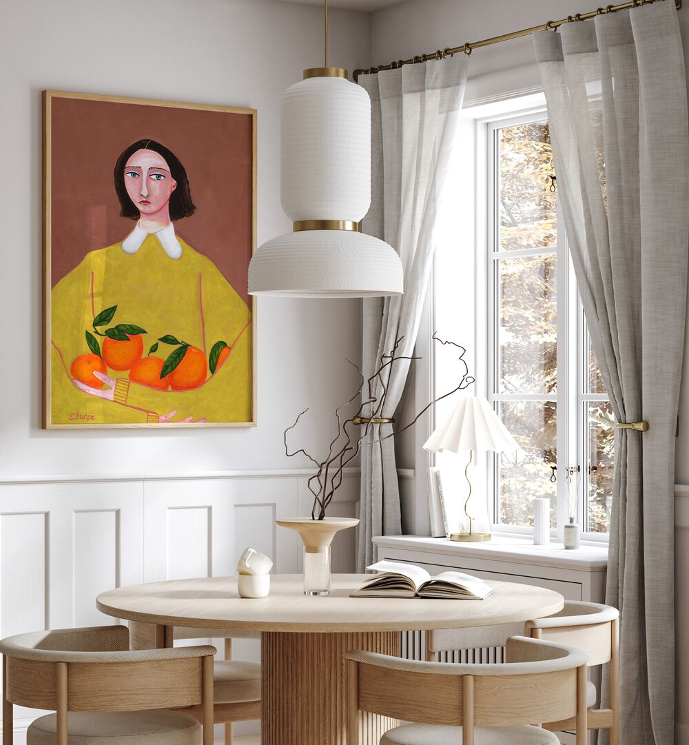 lady with oranges women illustration paintings placed on a wall