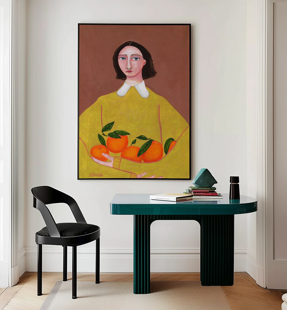 lady with oranges women illustration paintings placed on a wall