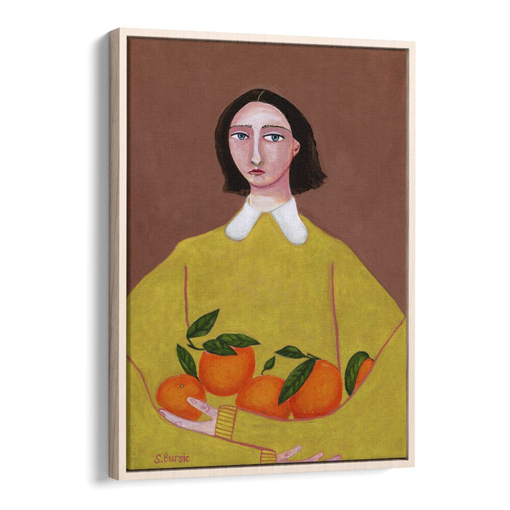 lady with oranges women illustration paintings in Oak Wood Floater Frame