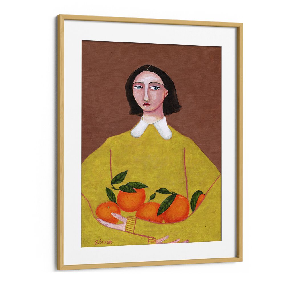 lady with oranges women illustration paintings in Oak Wood Frame With Mount