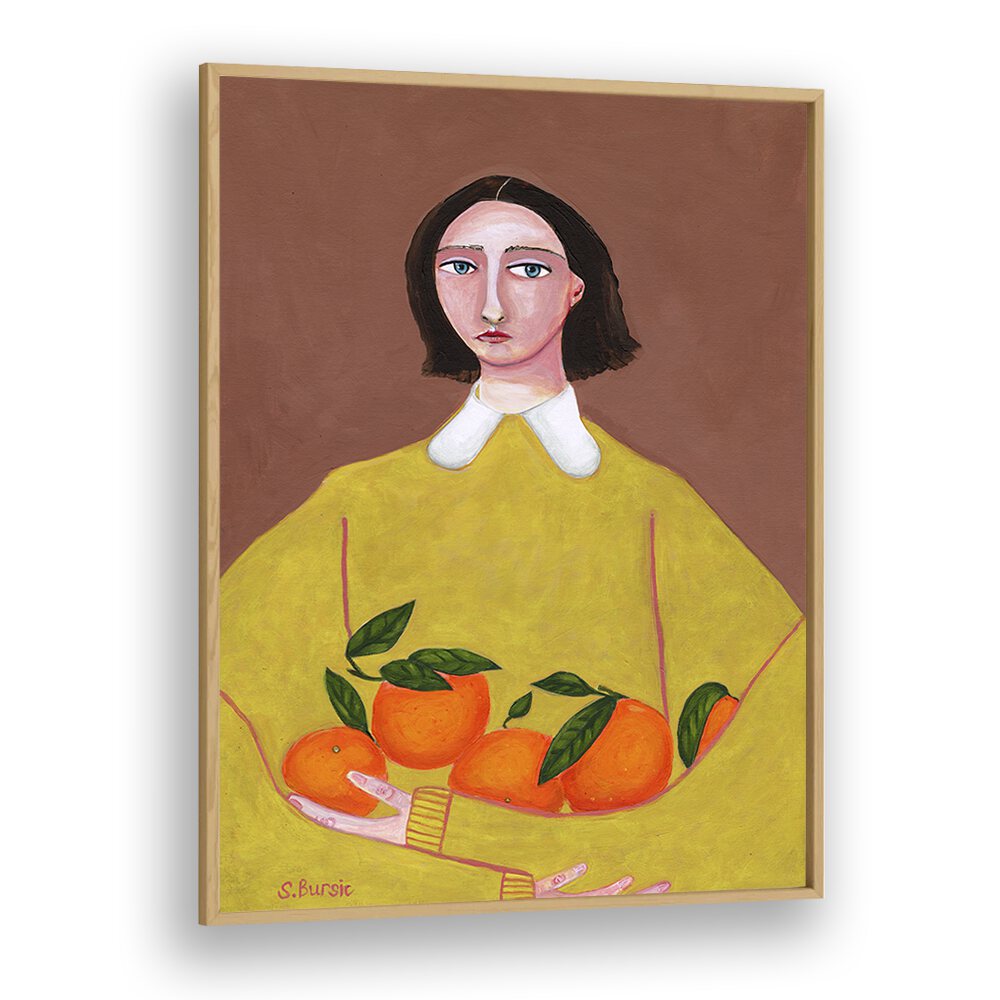 lady with oranges women illustration paintings in Oak Wood Plain Frame