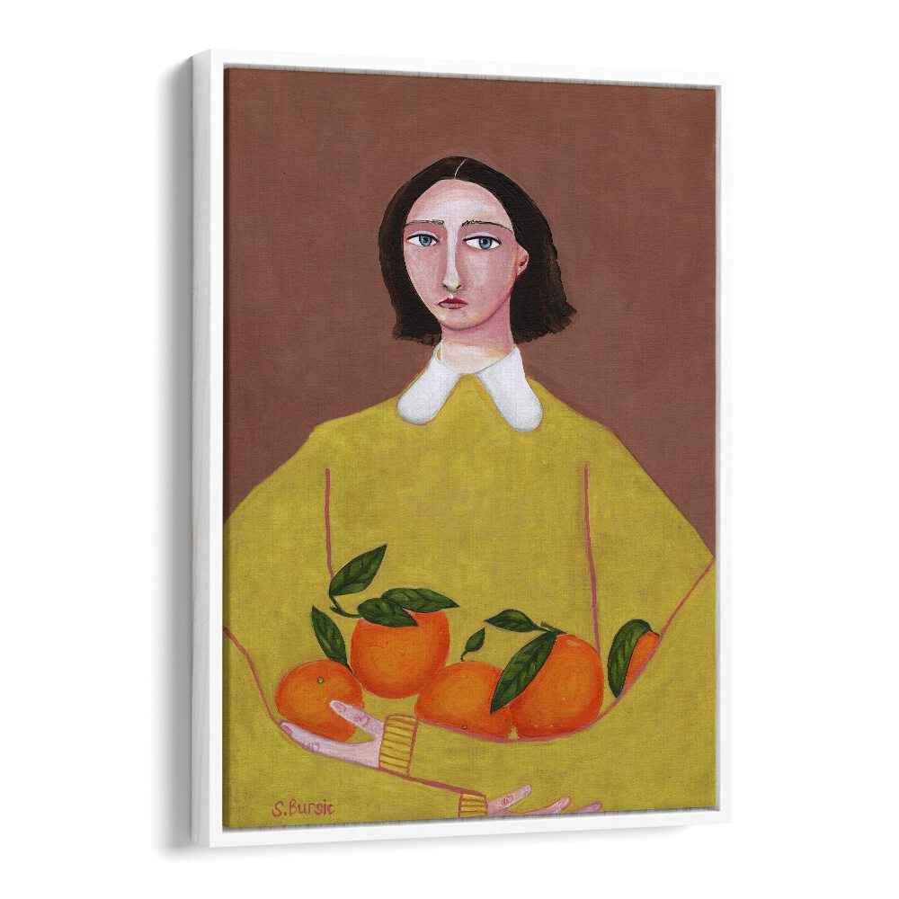 lady with oranges women illustration paintings in White Floater Frame