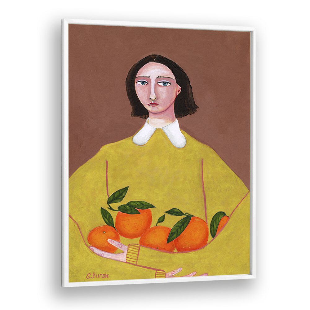 lady with oranges women illustration paintings in White Plain Frame