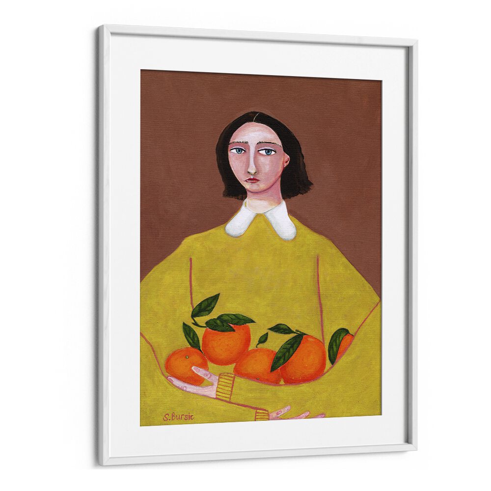 lady with orangeswomen illustration paintings in White Frame With Mount