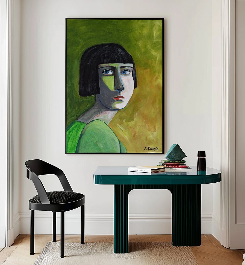 lady with the look women illustration paintings Artwork II placed on a wall