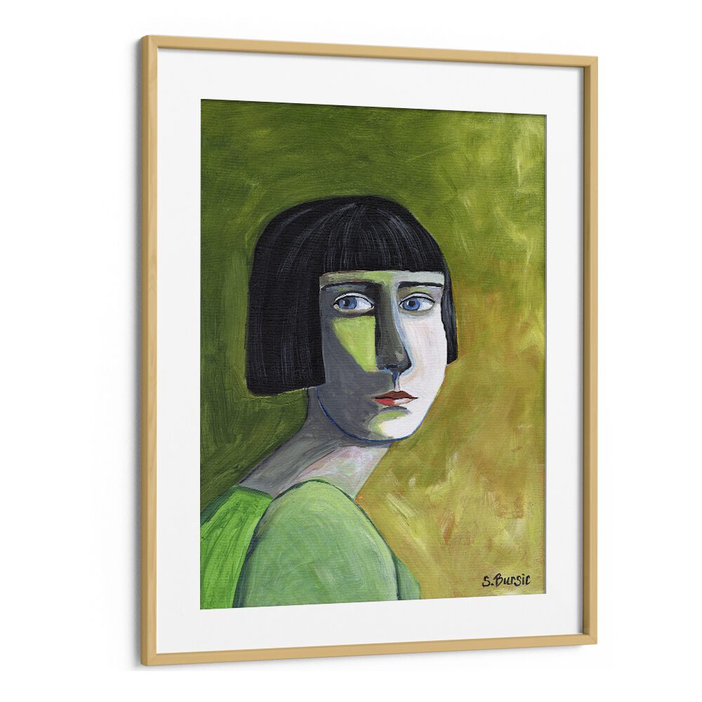 lady with the look women illustration paintings in Oak Wood Frame With Mount