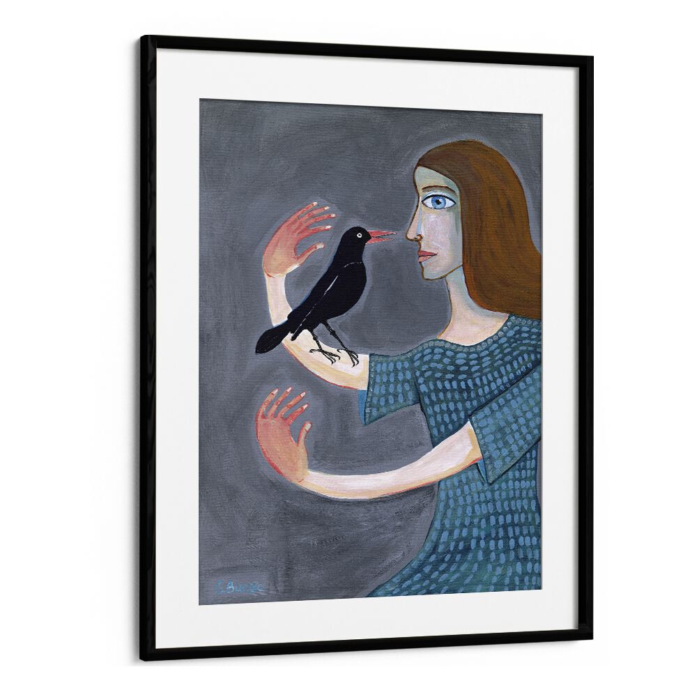 lady with two left hands women illustration paintings in Black Frame With Mount