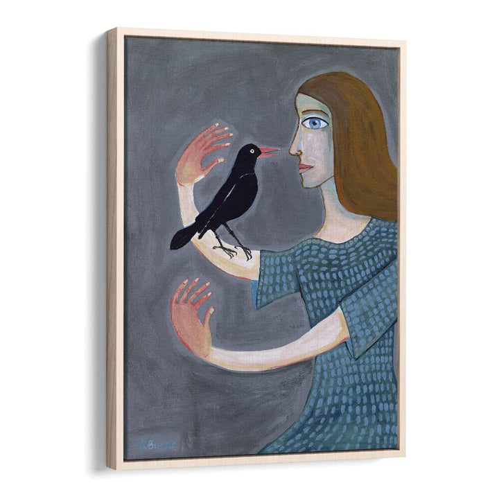 lady with two left hands women illustration paintings in Oak Wood Floater Frame