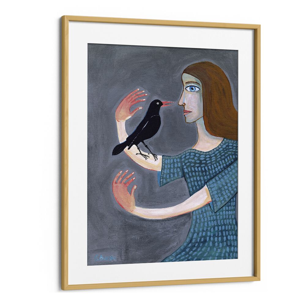 lady with two left hands women illustration paintings in Oak Wood Frame With Mount