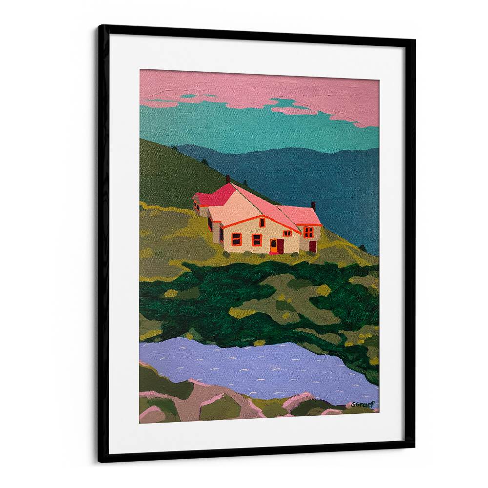 lakes of the clouds hut landscape art prints in Black Frame With Mount