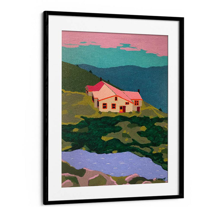 lakes of the clouds hut landscape art prints in Black Frame With Mount
