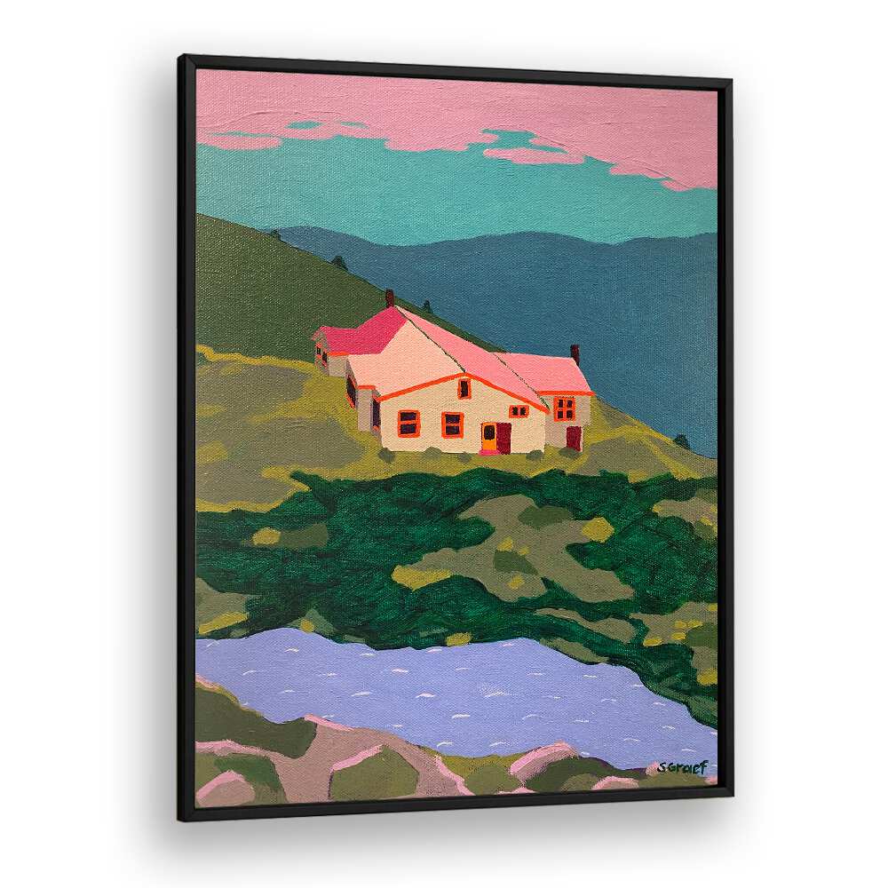 lakes of the clouds hut landscape art prints in Black Plain Frame