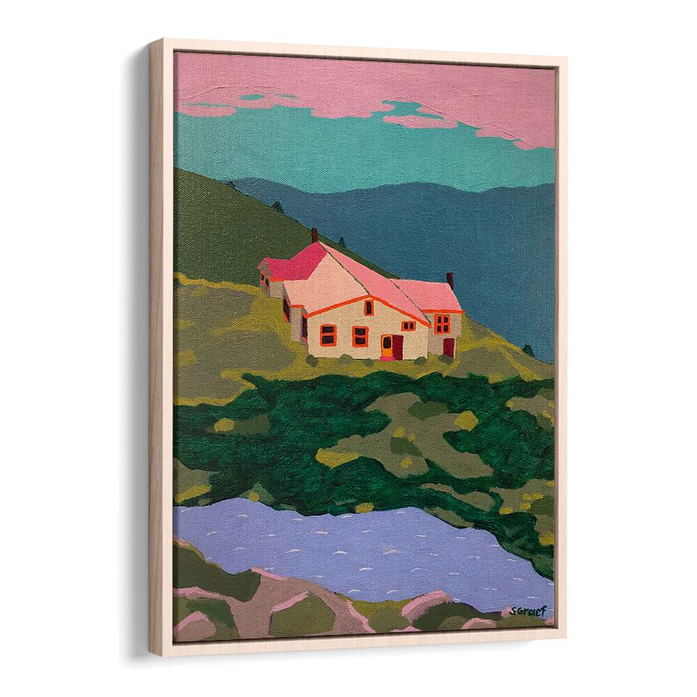 lakes of the clouds hut landscape art prints in Oak Wood Floater Frame