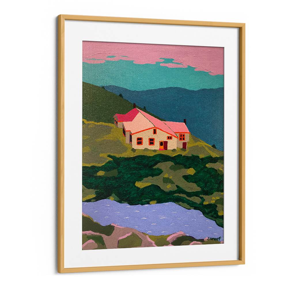 lakes of the clouds hut landscape art prints in Oak Wood Frame With Mount