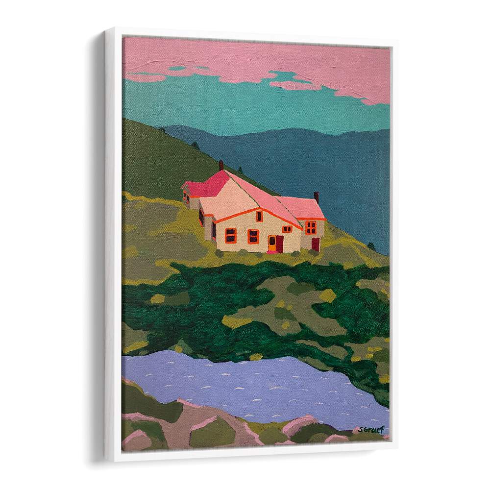 lakes of the clouds hut landscape art prints in White Floater Frame