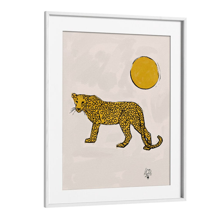 leopard and sunwildlife paintings in White Frame With Mount