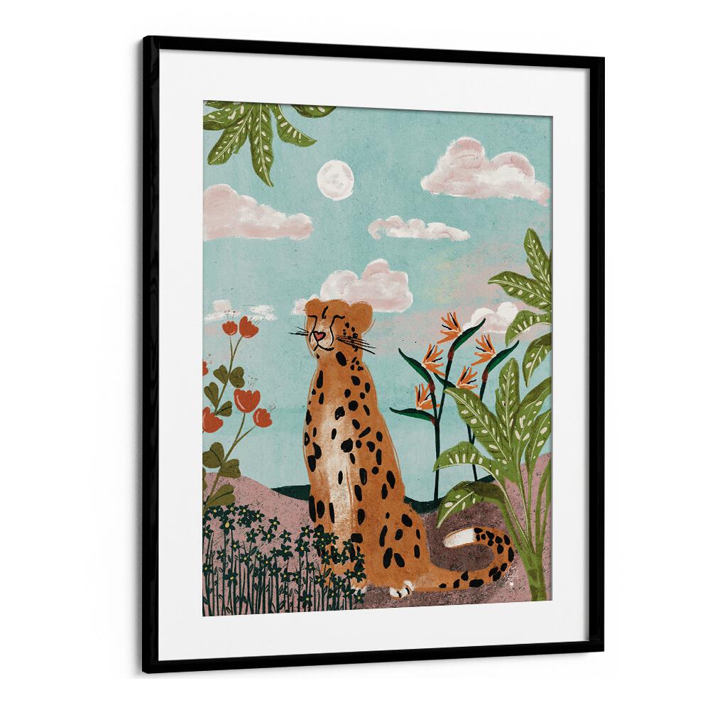 leopard in jungle wildlife paintings in Black Frame With Mount