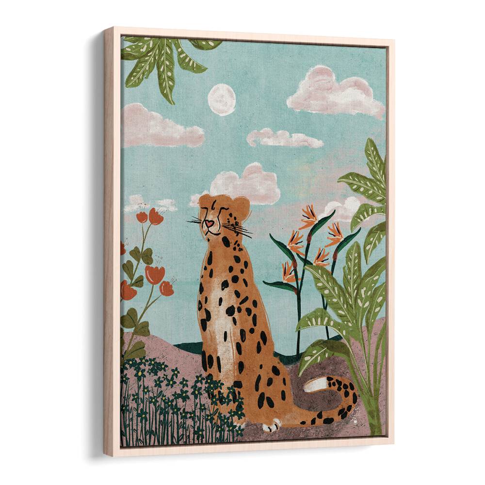 leopard in jungle wildlife paintings in Oak Wood Floater Frame