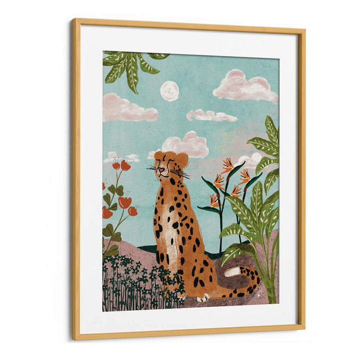 leopard in jungle wildlife paintings in Oak Wood Frame With Mount