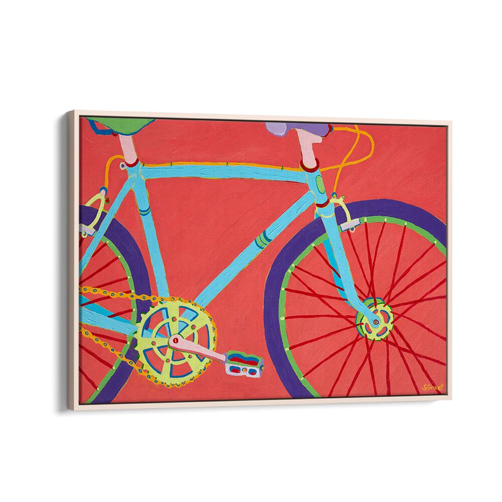 let's go for a bike ride landscape art prints in Oak Wood Floater Frame