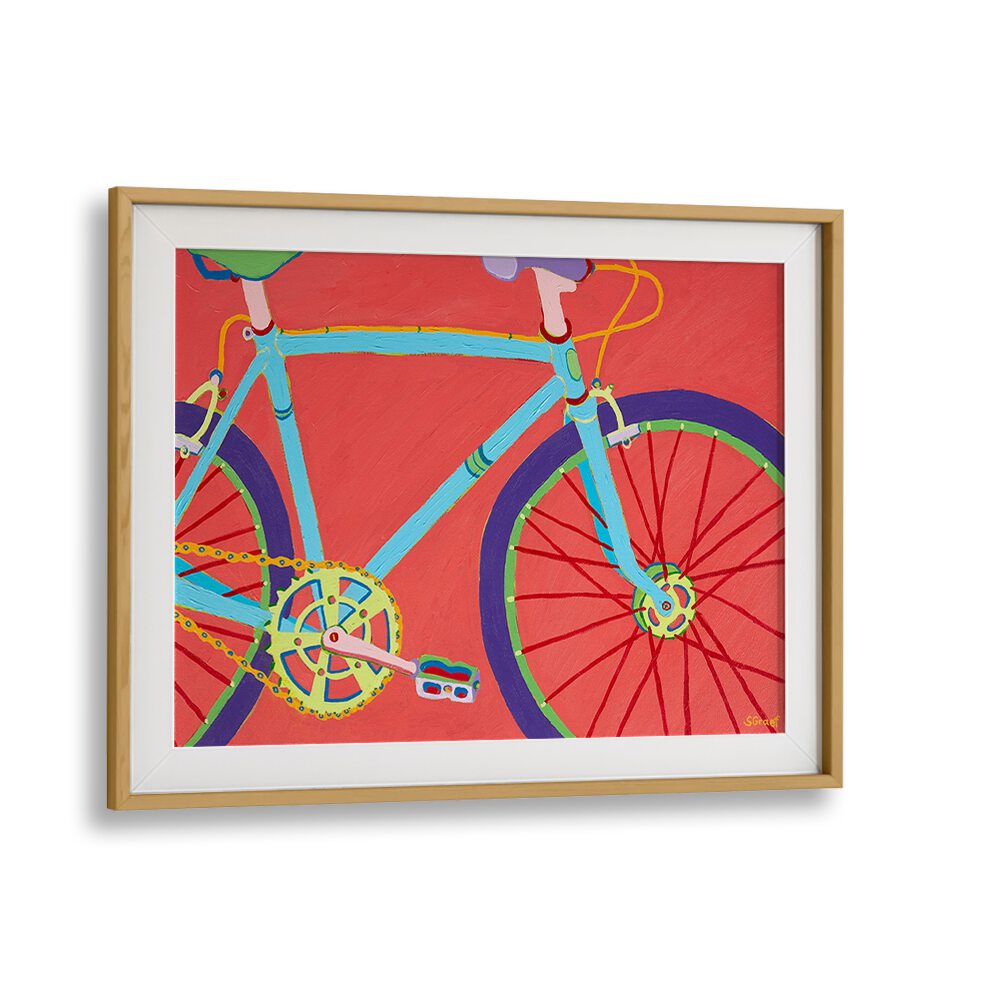 let's go for a bike ride landscape art prints in Oak Wood Frame With Mount