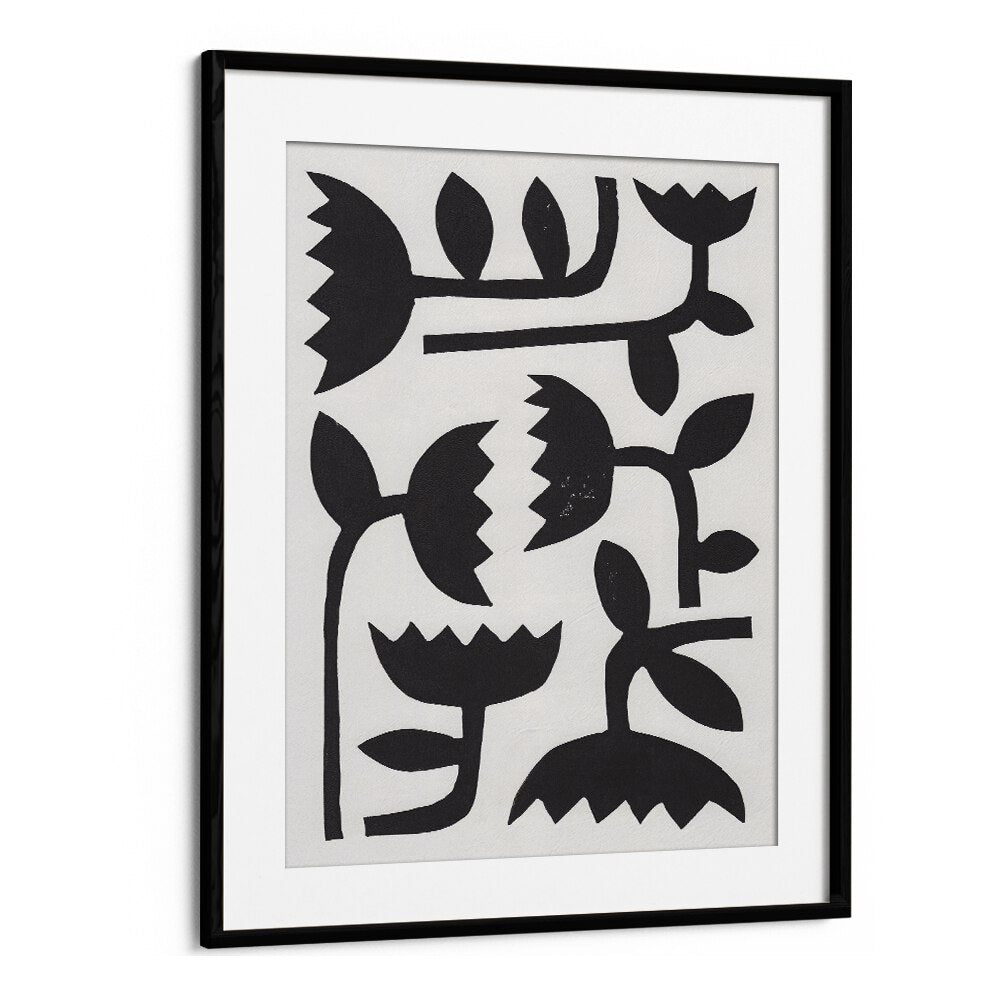 linocut tulips III by alisa galitsyna botanical art prints in Black Frame With Mount