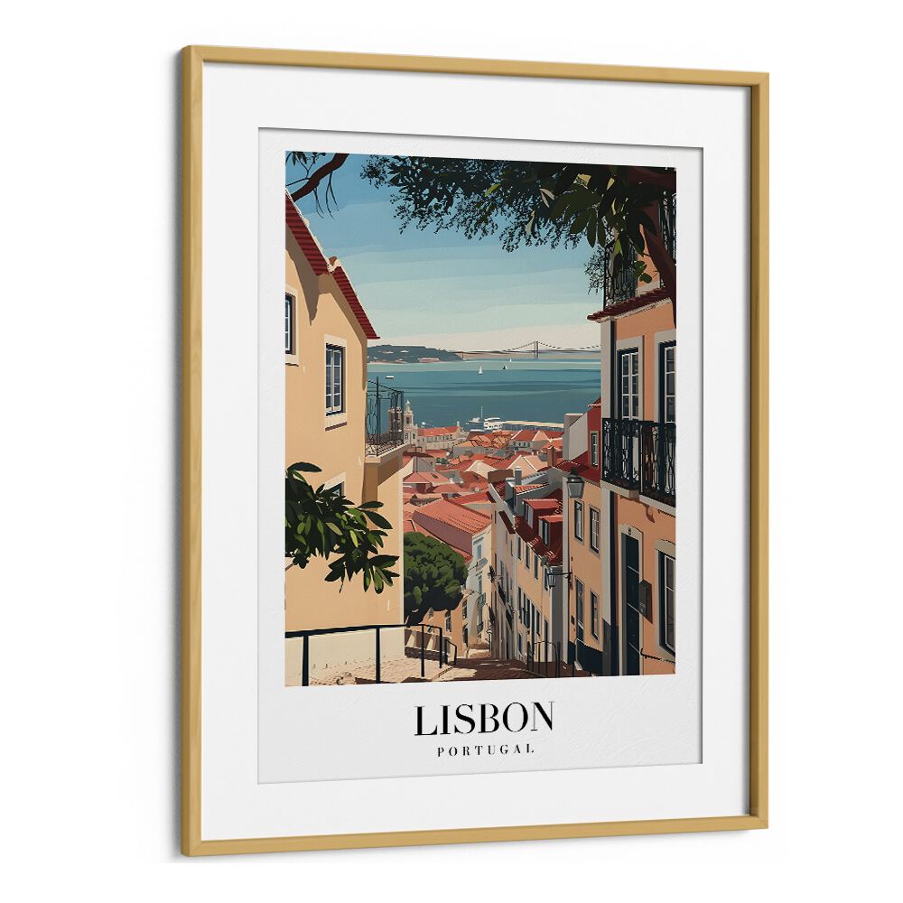 lisbon-portugal I travel posters in Oak Wood Frame With Mount