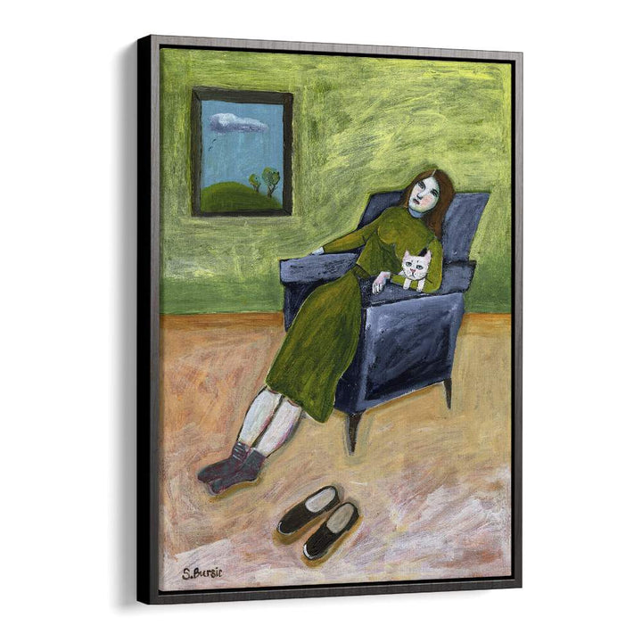 lady with cat women illustration paintings in Black Plain Frame