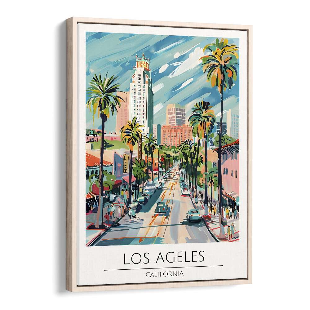 los angeles-usa travel posters in Oak Wood Floater Frame