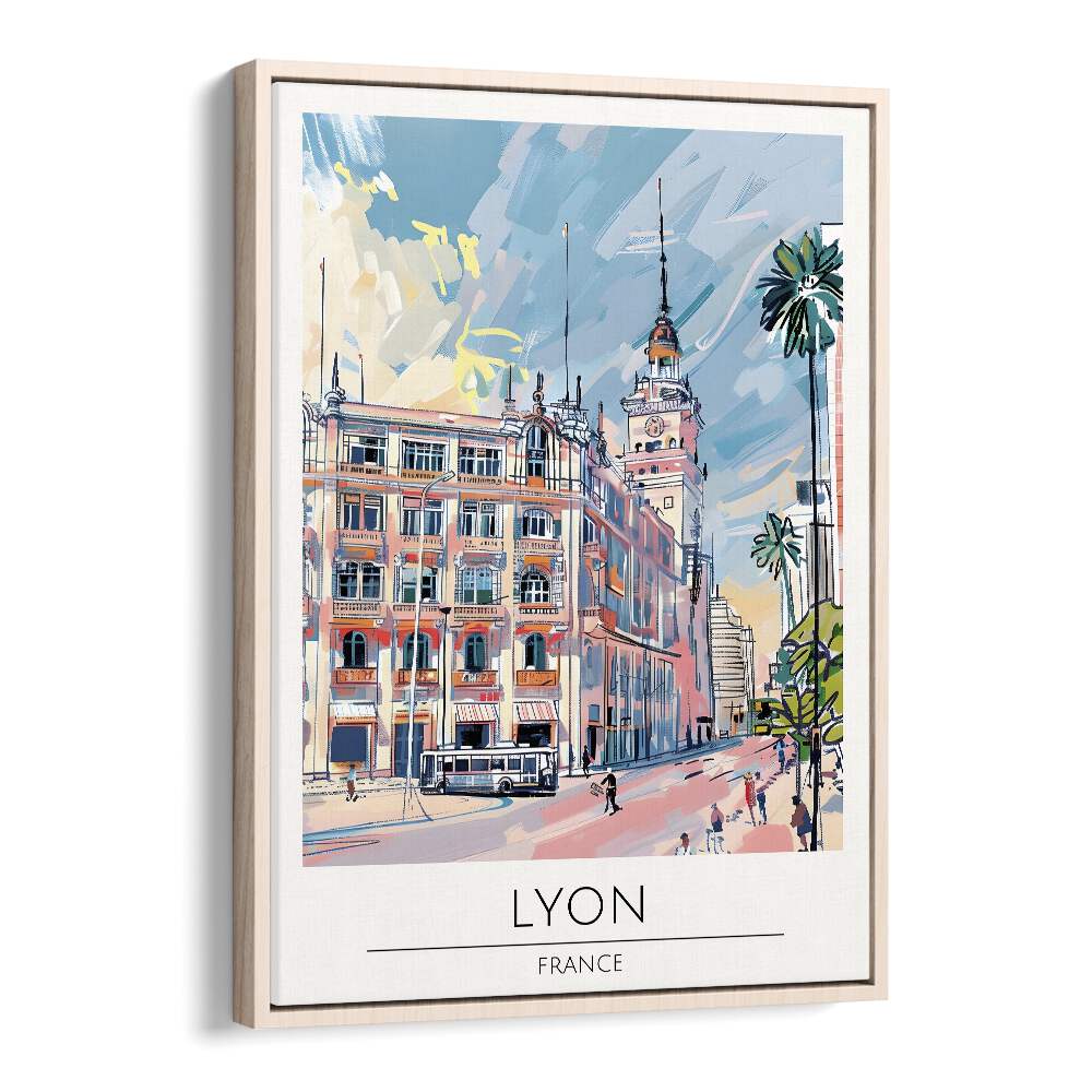 lyon-france travel posters in Oak Wood Floater Frame