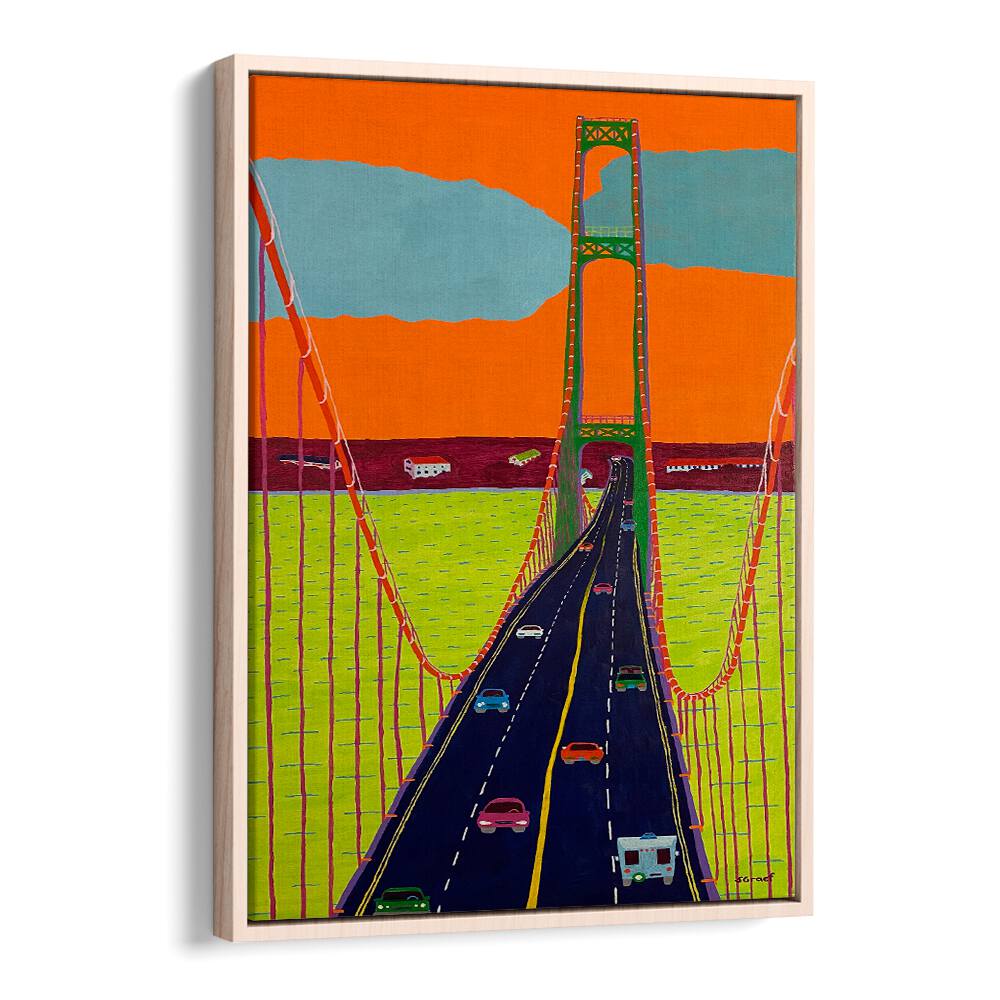 mackinac bridge landscape art prints in Oak Wood Floater Frame
