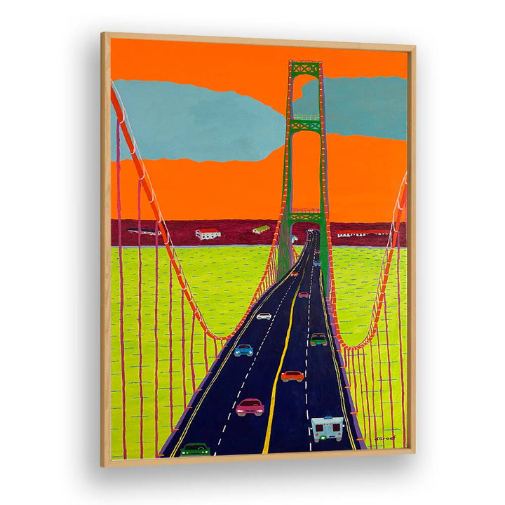 mackinac bridge landscape art prints in Oak Wood Plain Frame