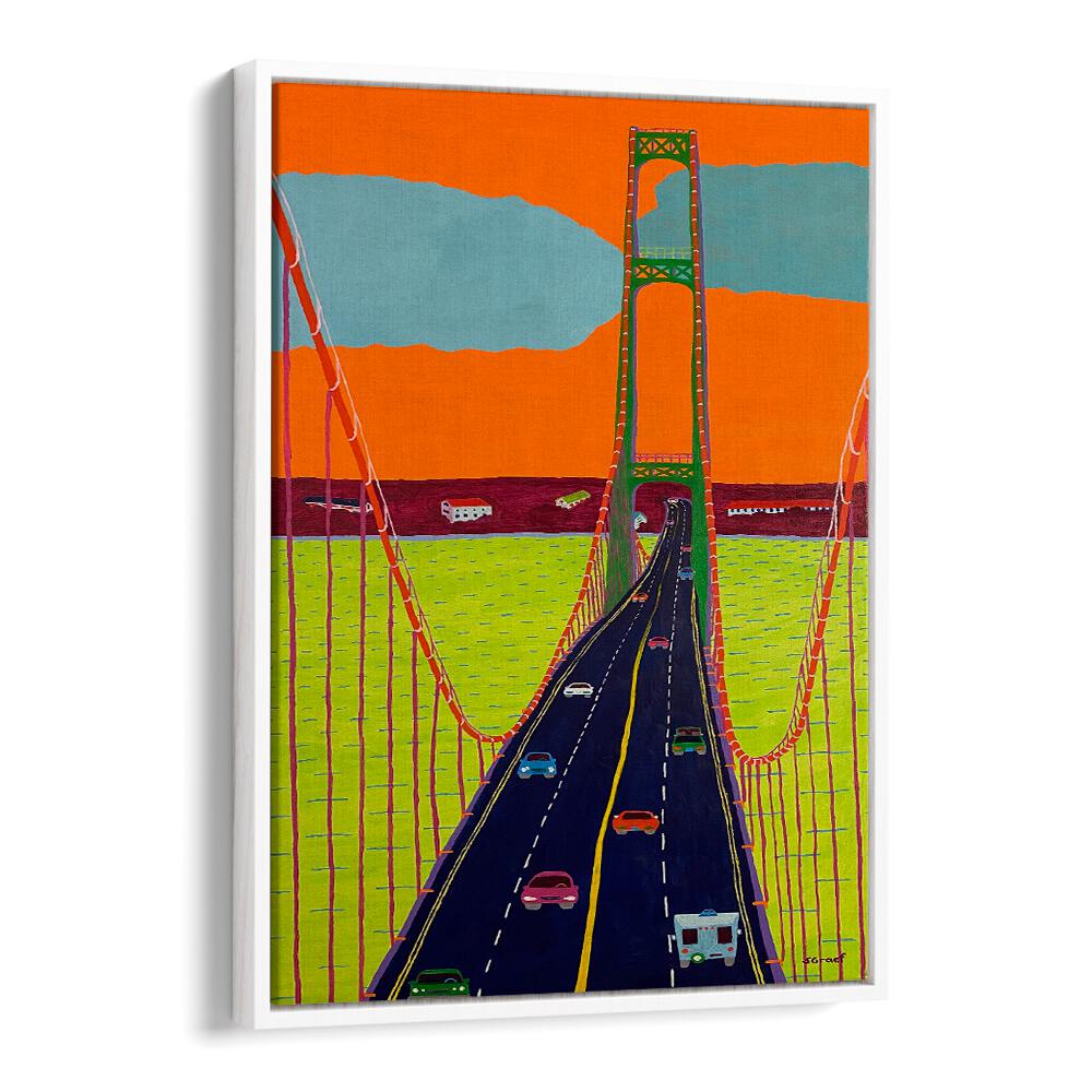 mackinac bridge landscape art prints in White Floater Frame