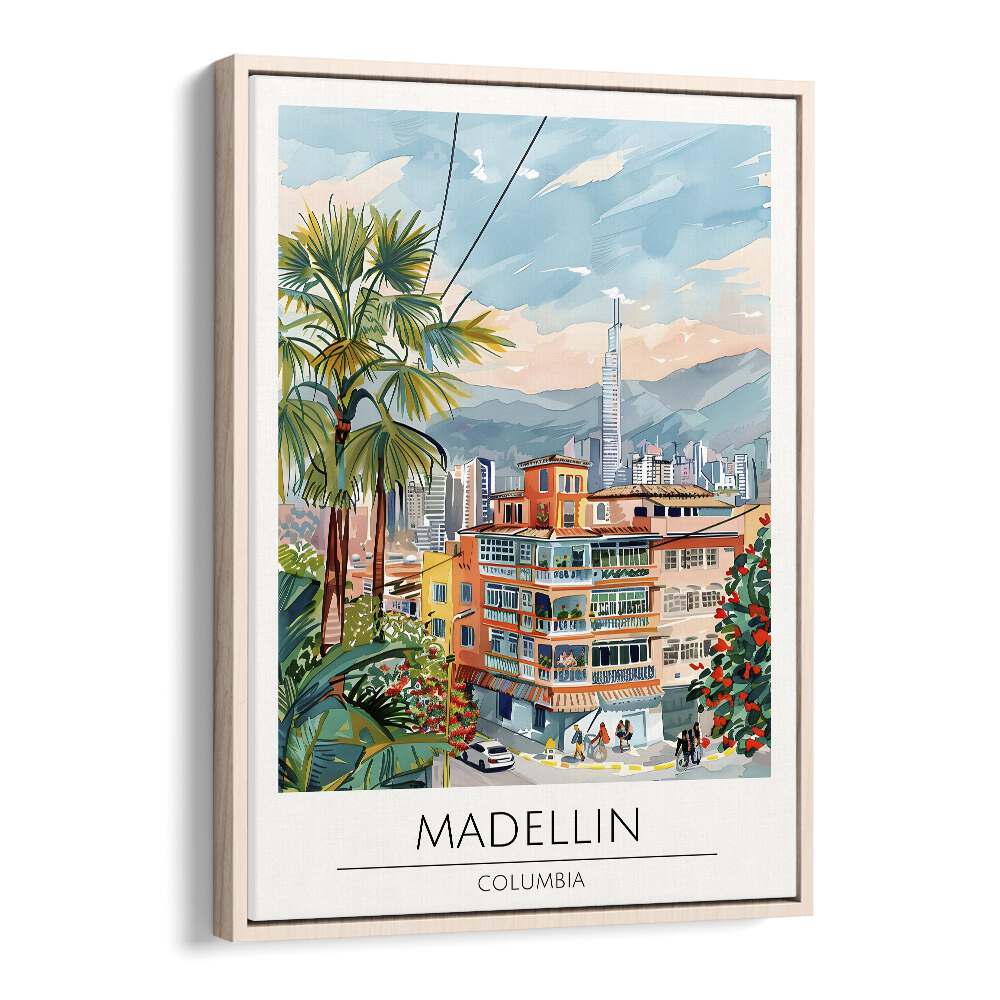 madellin-columbia travel posters in Oak Wood Floater Frame