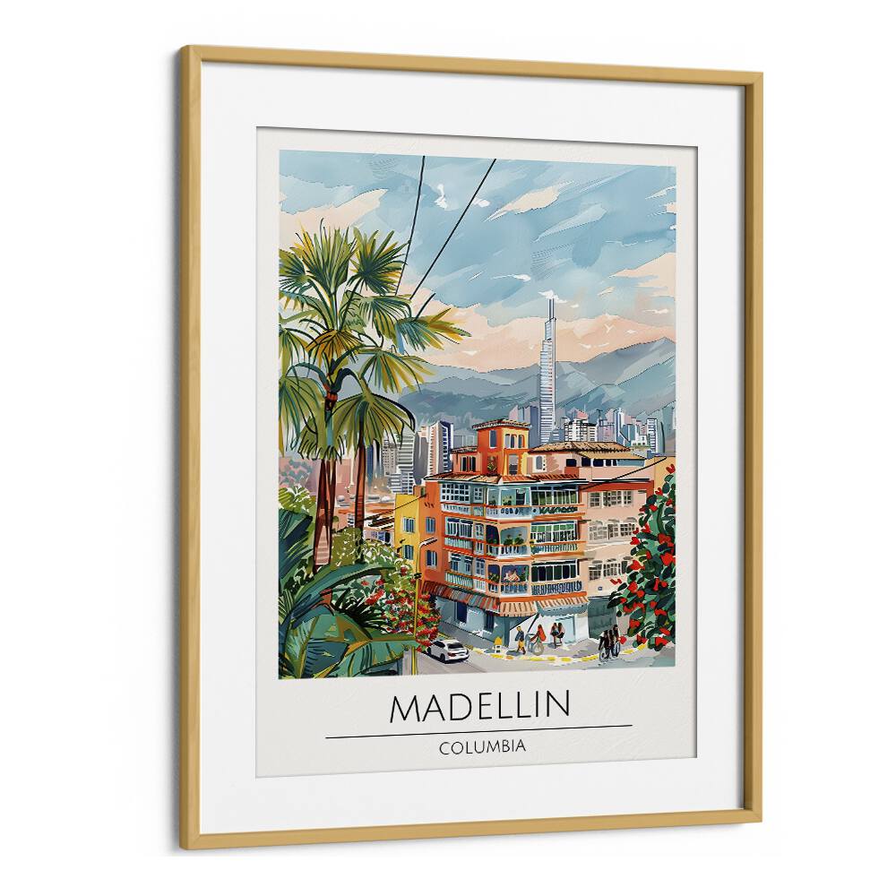 madellin-columbia travel posters in Oak Wood Frame With Mount