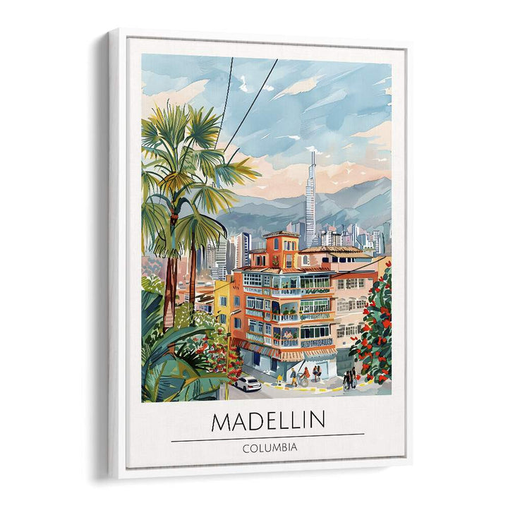 madellin-columbia travel posters in White Floater Frame