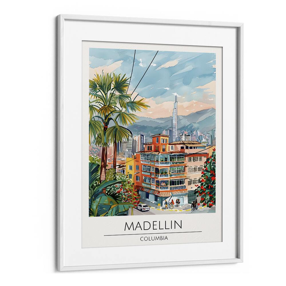 madellin-columbia travel posters in White Frame With Mount