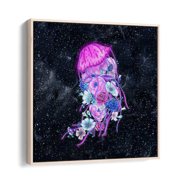 magic ocean jellyfish color mural Wildlife paintings in Oak Wood Floater Frame