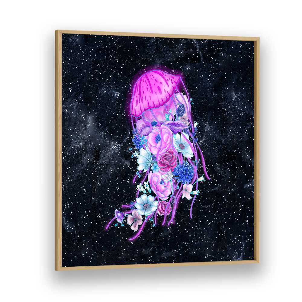 magic ocean jellyfish color mural Wildlife paintings in Oak Wood Plain Frame