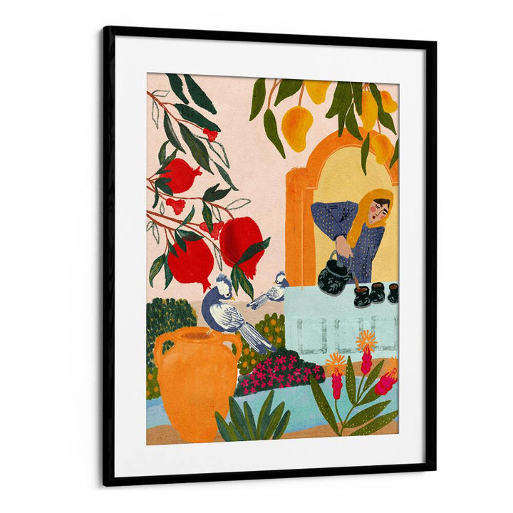 mama's tea garden portraits-figurative illustrations in Black Frame With Mount