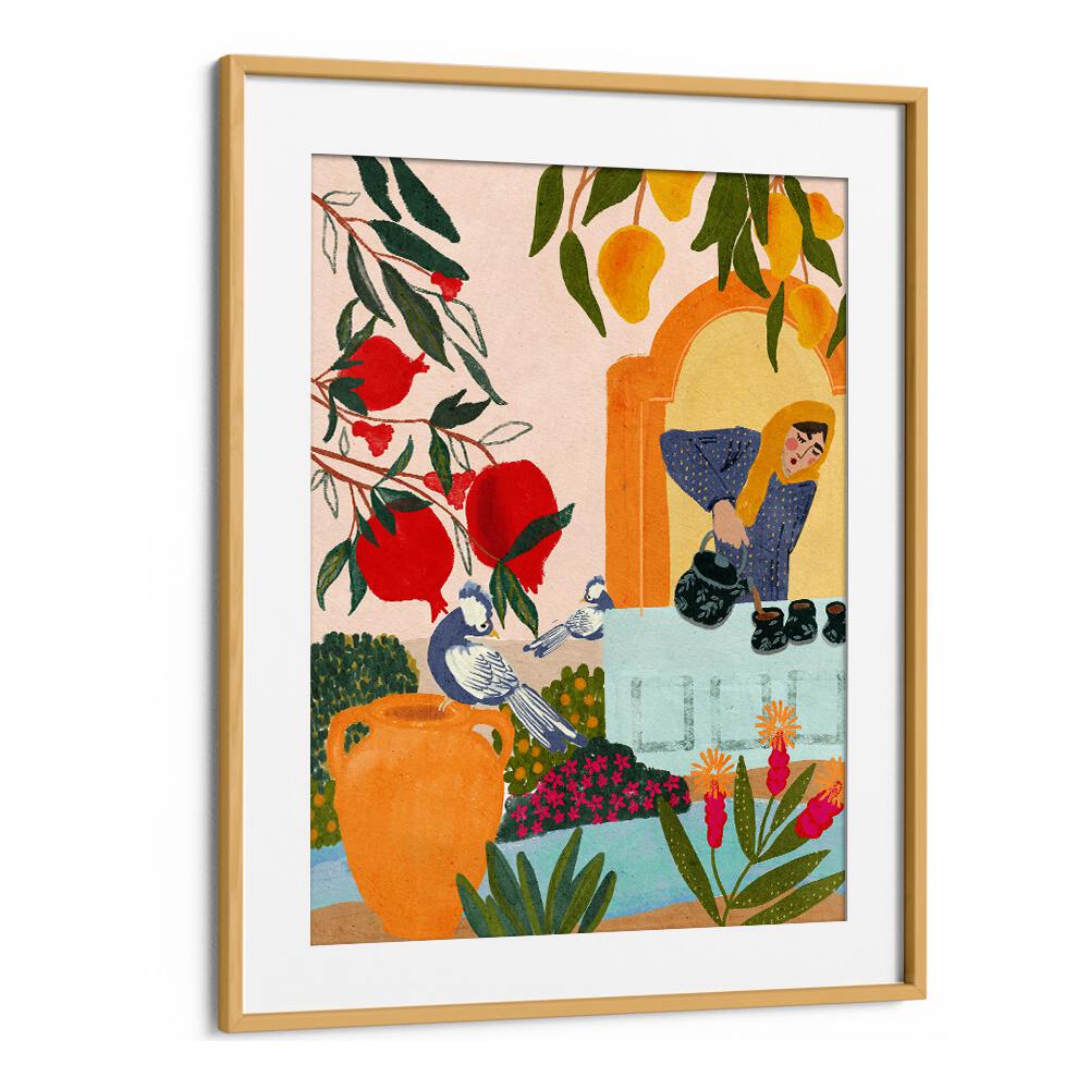 mama's tea garden portraits-figurative illustrations in Oak Wood Frame With Mount